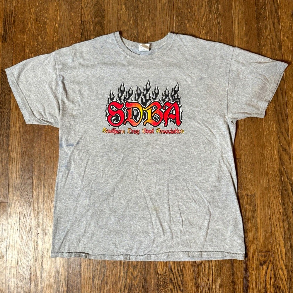 Vintage SDBA Southern Drag Boat Association Racing T-Shirt Grey Flame Graphic XL